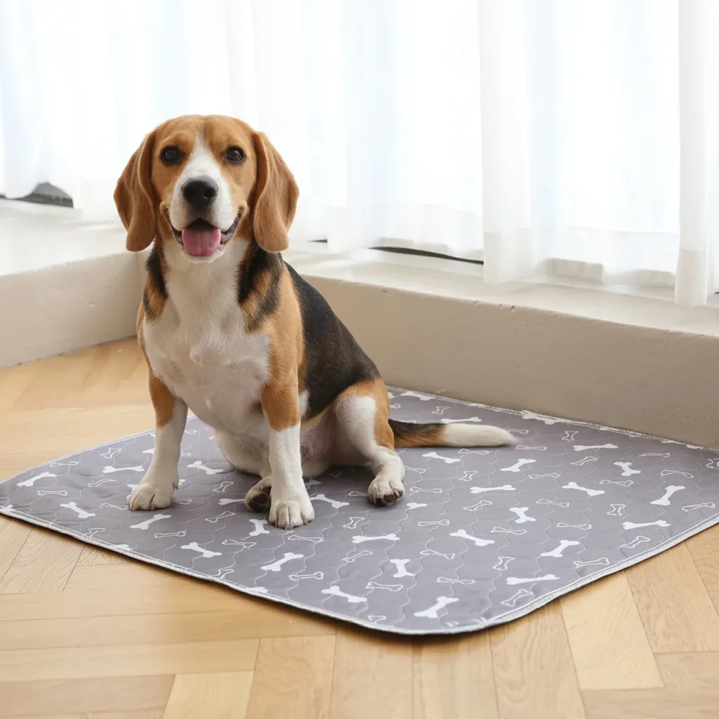 A golden retriever standing on a grey washable pee pad in a hallway