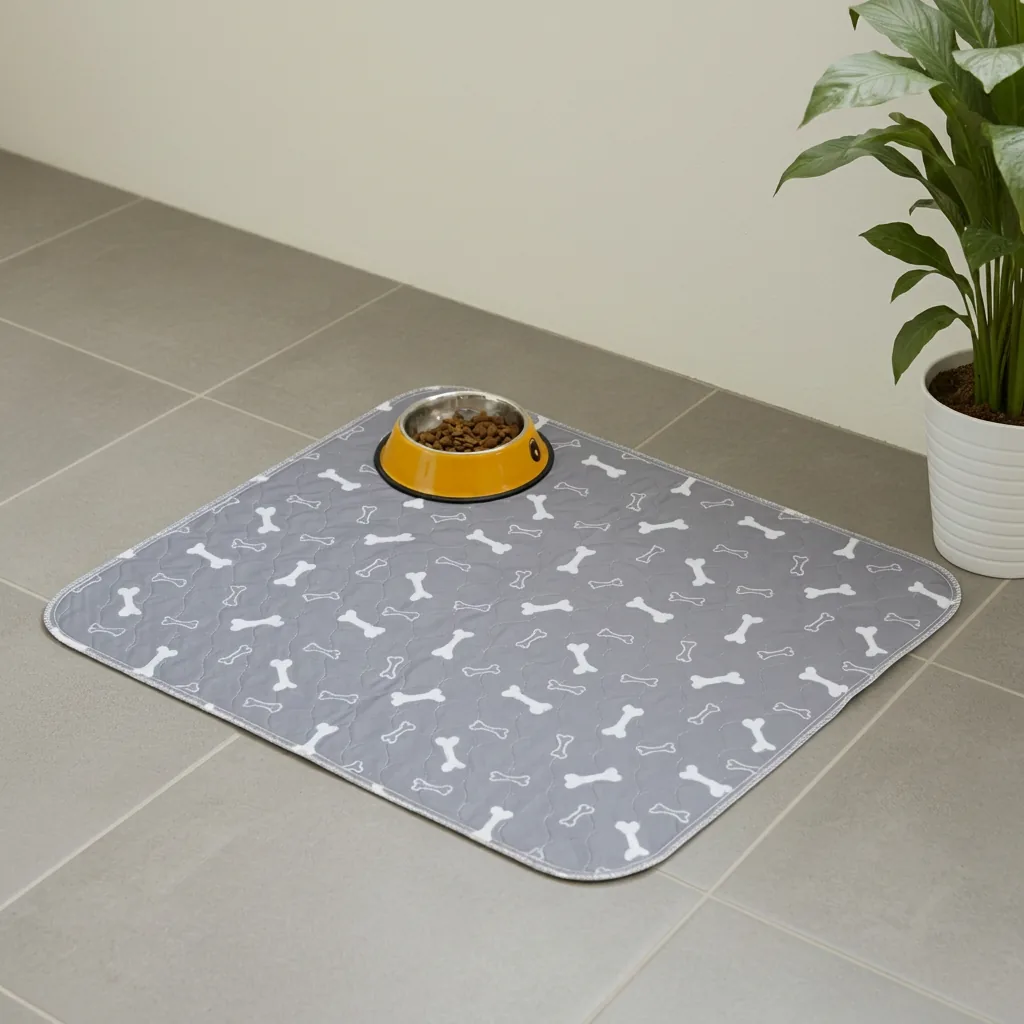 A grey quilted washable dog pee pad lying flat on oak flooring in a living room